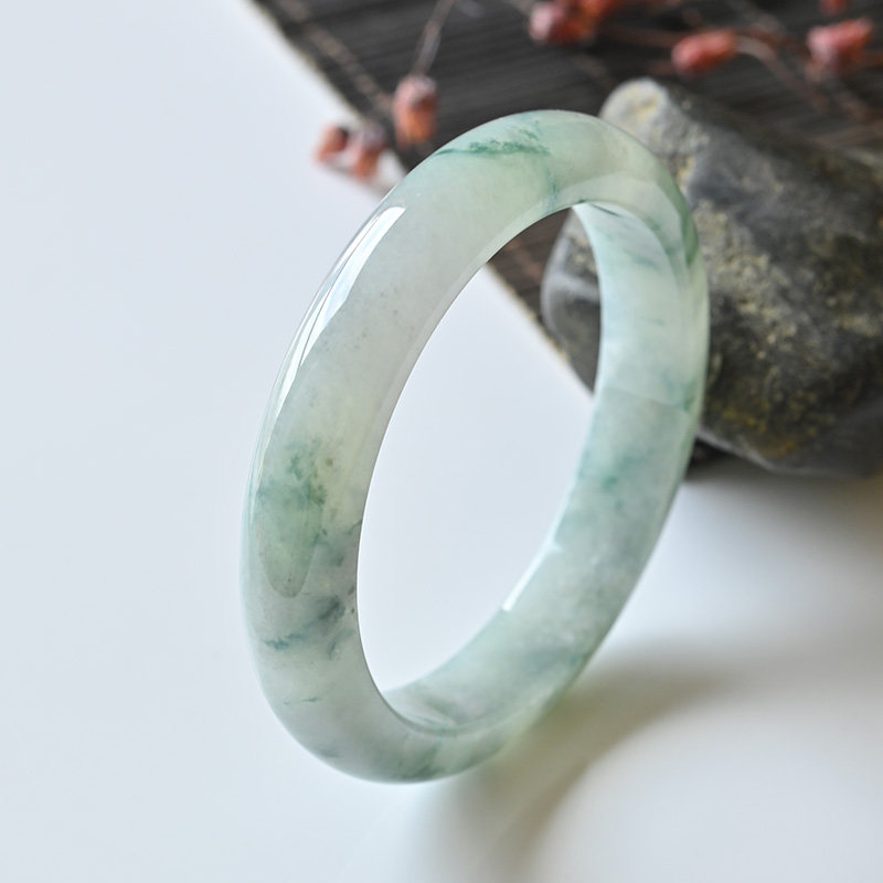 玉泰天然A货翡翠手镯冰种飘蓝花58.5老坑缅甸玉手镯圆镯一物一图