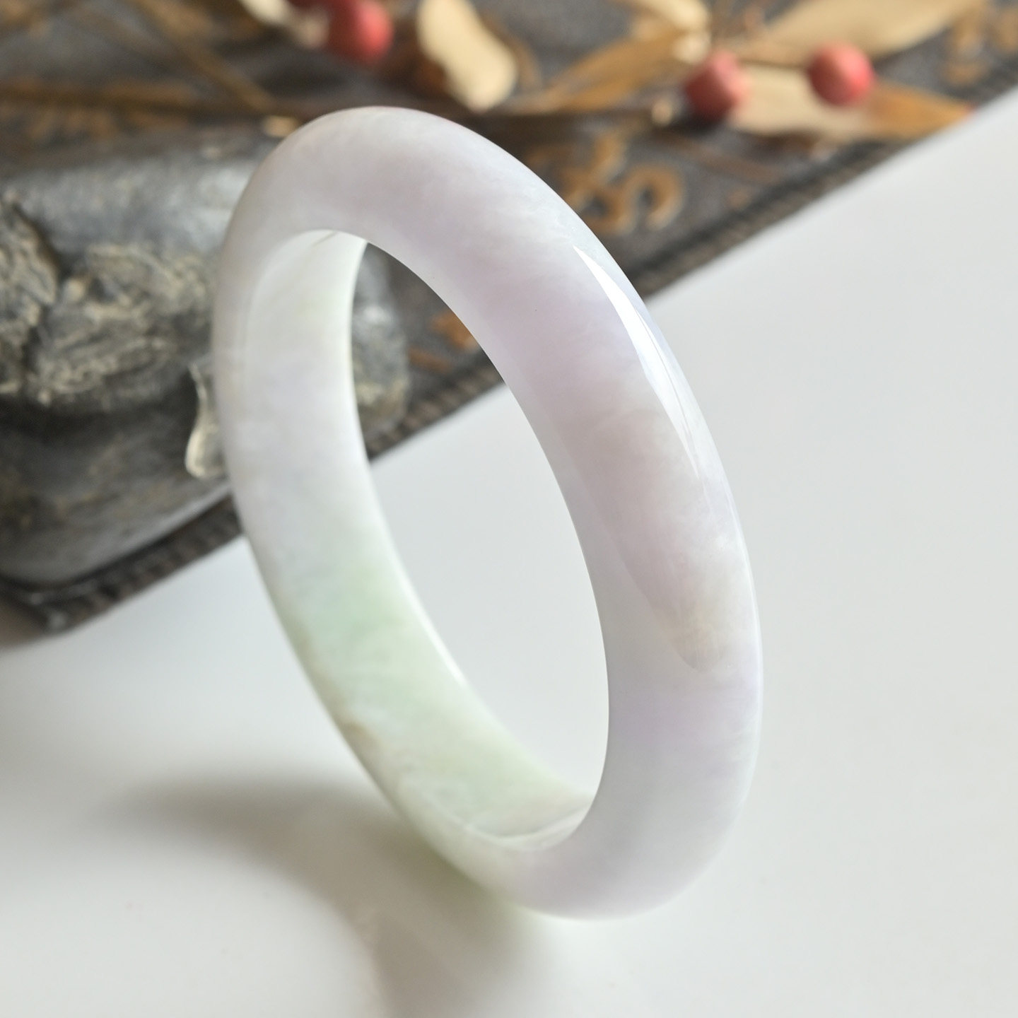 清仓缅甸天然A货翡翠手镯56冰糯种浅紫玉镯子女一物一图缅甸玉镯