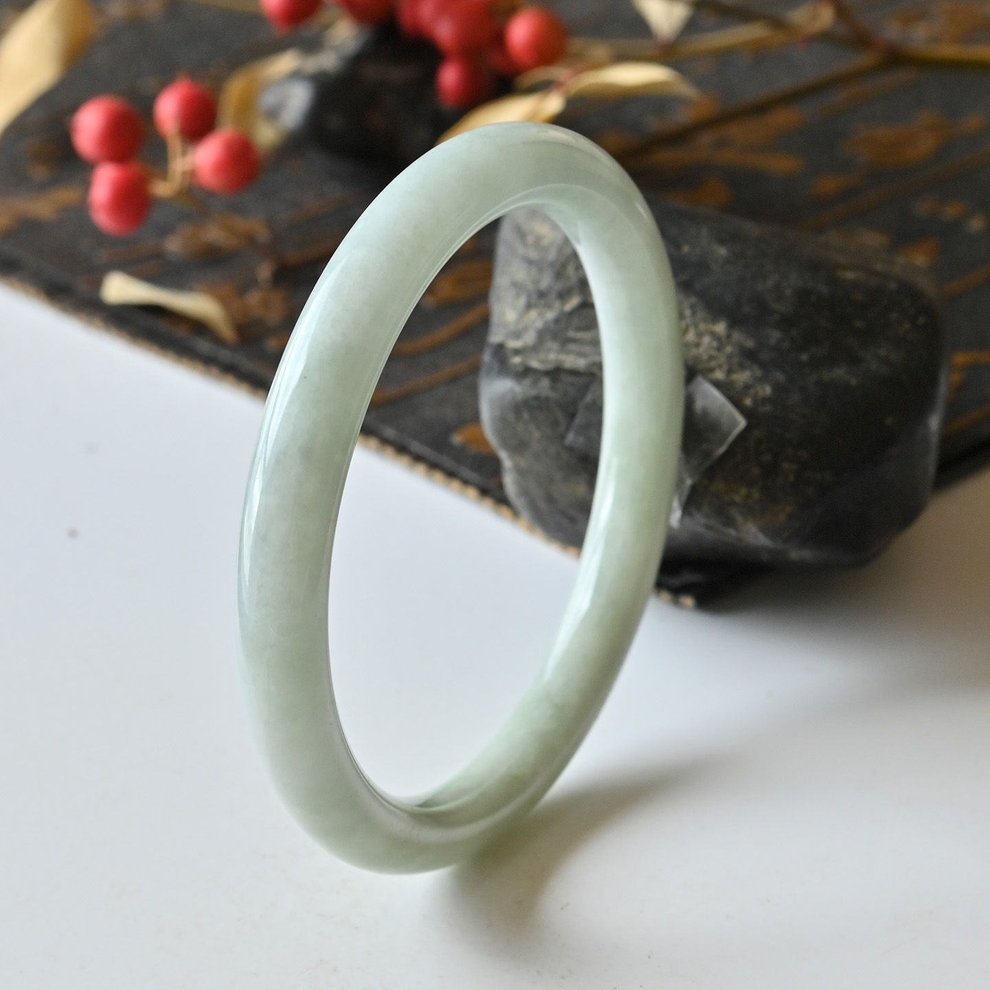 清仓缅甸天然A货翡翠手镯叮当镯59冰糯种淡绿玉镯子女款一物一图