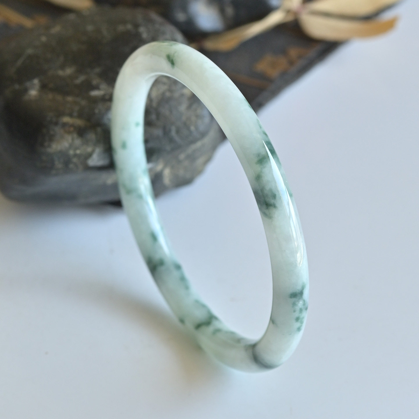 清仓缅甸天然A货翡翠手镯叮当镯53.6冰糯种蓝花玉镯子少女叮当镯