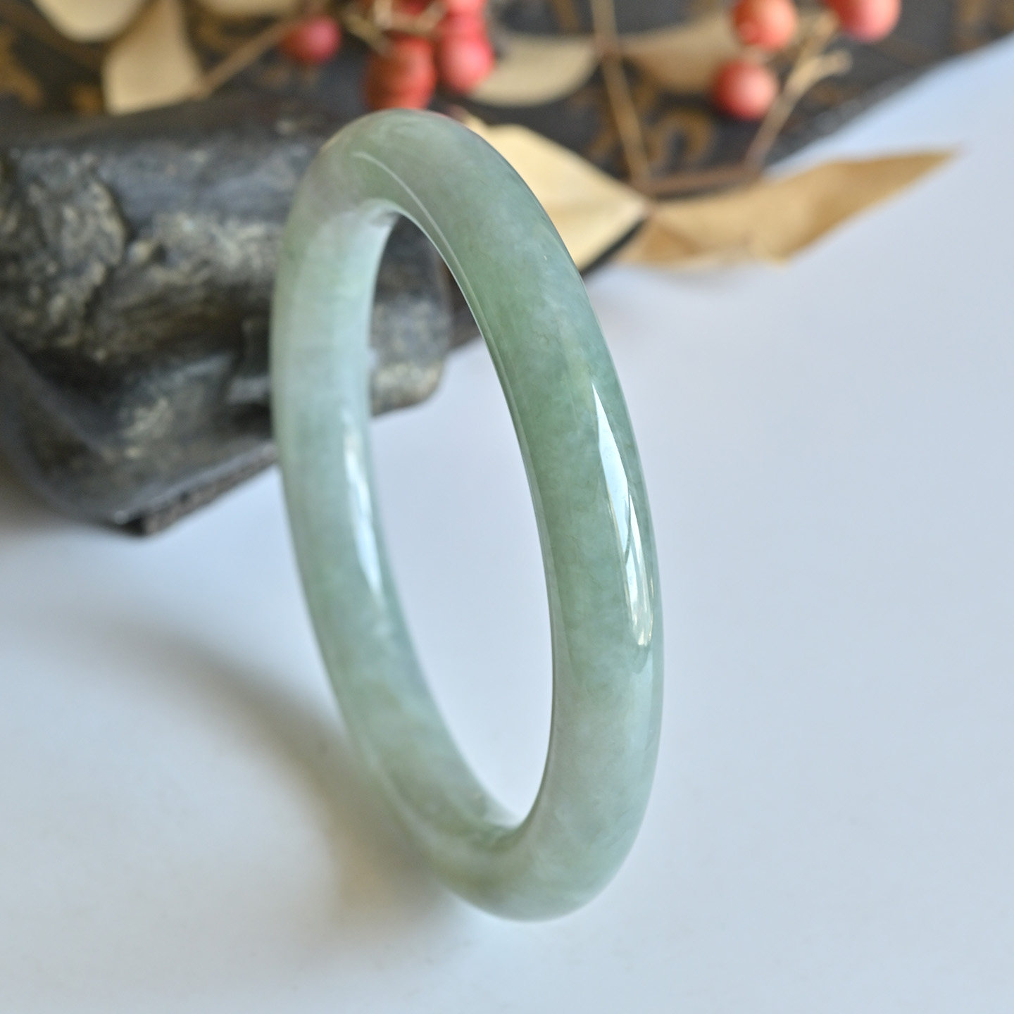 清仓天然翡翠手镯A货冰种满绿玉镯子女款56.5老坑缅甸圆条玉手镯