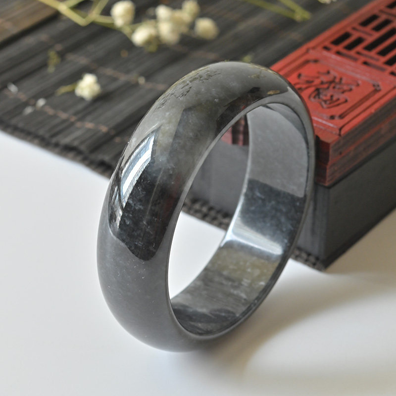 清仓天然a货翡翠手镯冰糯种墨翠玉镯子女款60.4大宽版缅甸玉手镯