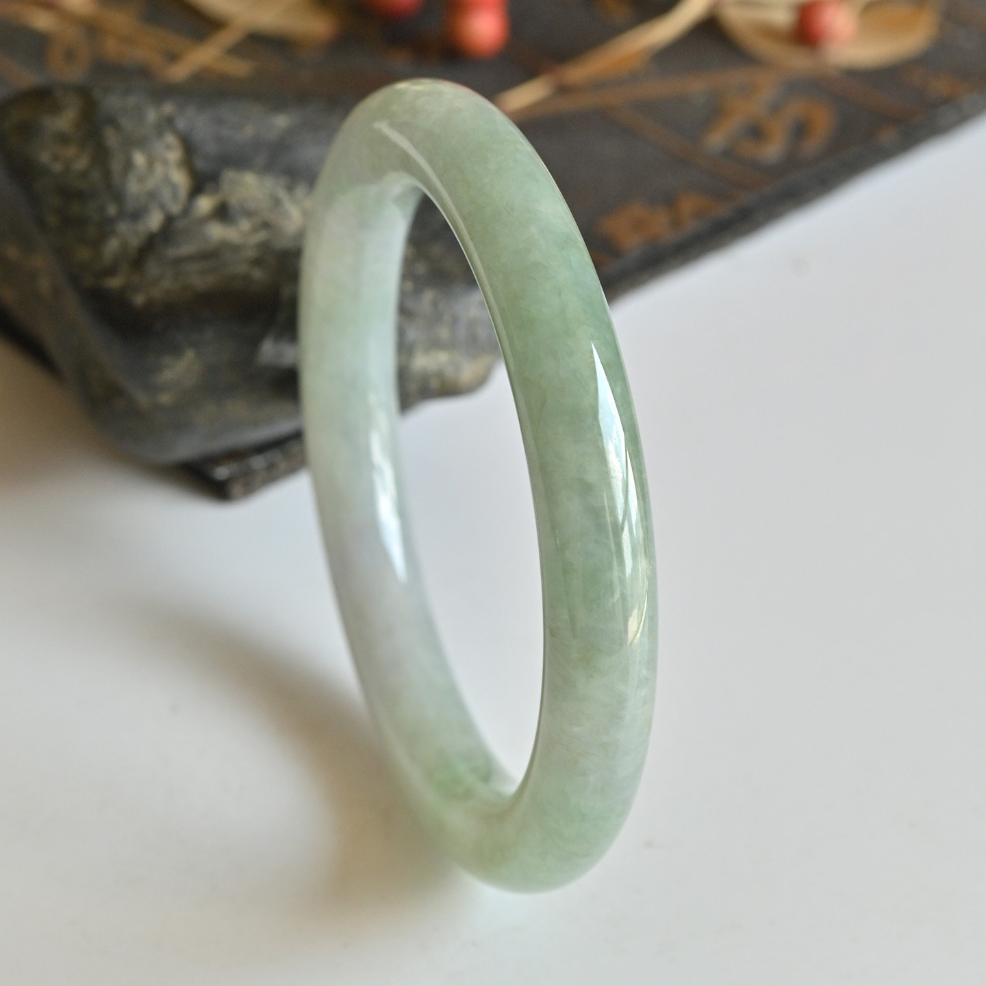 清仓天然翡翠手镯A货冰种双彩玉镯子女款55.8老坑缅甸圆条玉手镯