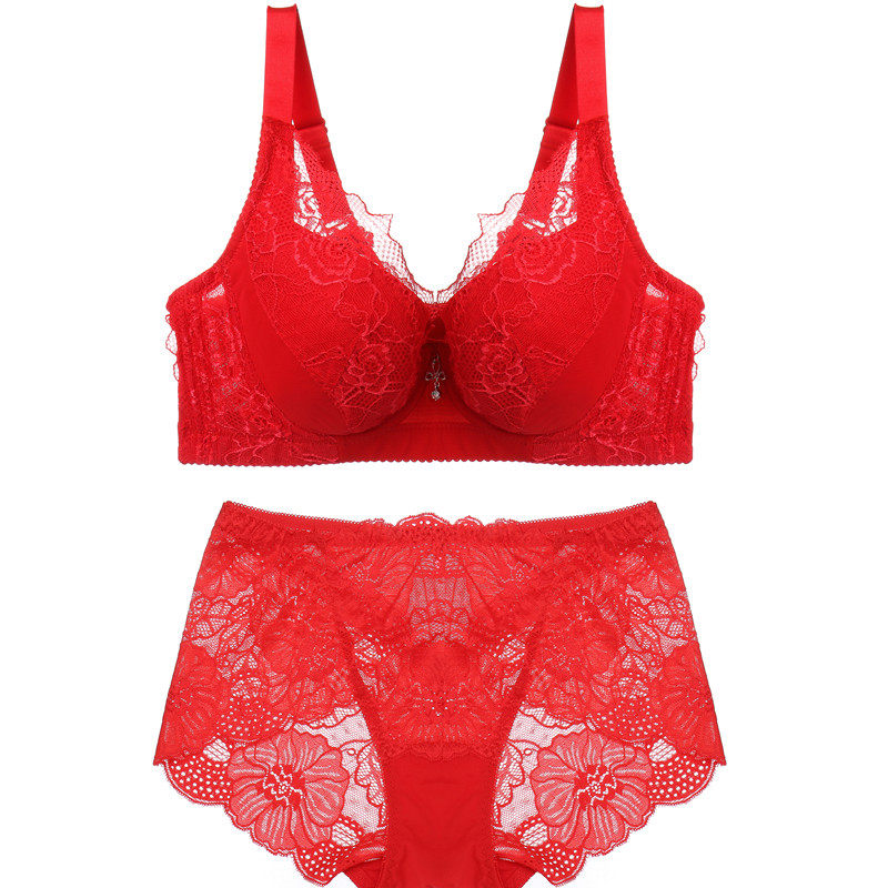 超薄款蕾丝性感文胸套装无海绵有钢圈透气少女女士内衣大红色胸罩