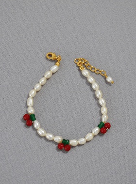 可调节手链红色樱桃淡水小众