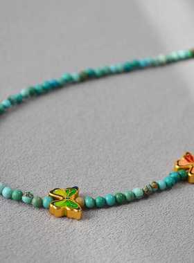 国潮新中式光影摇曳庄周梦蝶小众复古原矿绿松石蝴蝶串珠气质项链