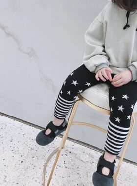 秋冬童装保暖毛线裤加绒加厚女童打底裤幼儿园外穿休闲星星条纹裤