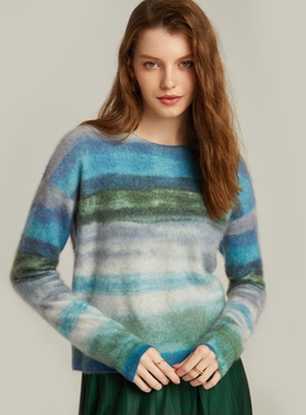 di kangra/德凯佳山羊绒衫拉绒印花拼色拉毛圆领套头毛衣上衣