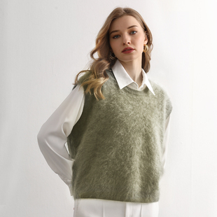 针织圆领背心 拉绒无袖 山羊绒衫 女加厚拉毛羊绒衫