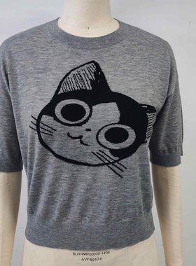 di kangra/德凯佳猫咪图案圆领短袖针织衫女2025新款夏季百搭上衣