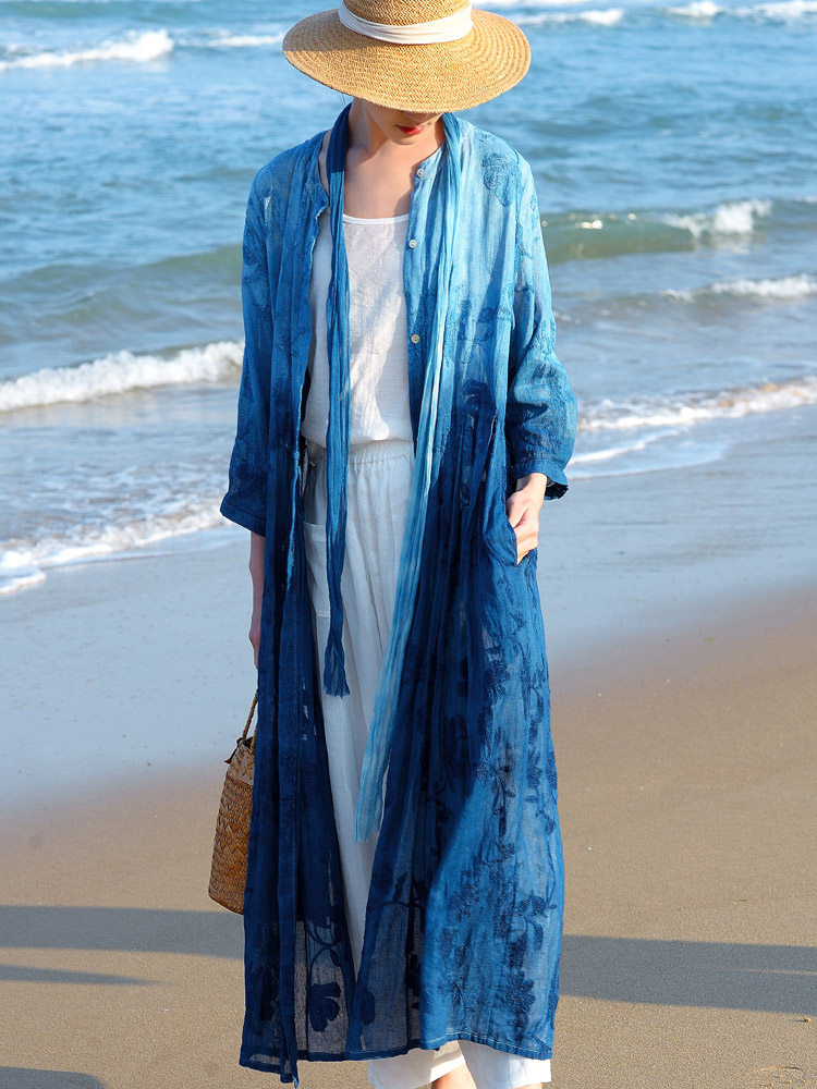 柒白长款防晒开衫外搭夏季薄款女2024新款小众设计蓝染扎染连衣裙