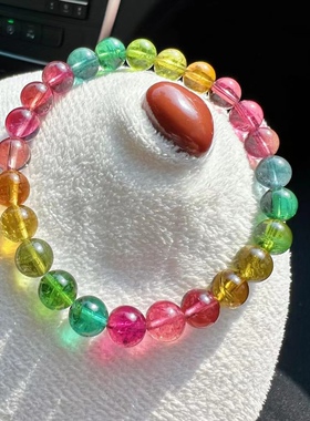玻璃体彩虹碧玺手链 圆珠卢比莱柠檬黄 糖果色马卡龙戒面级手串