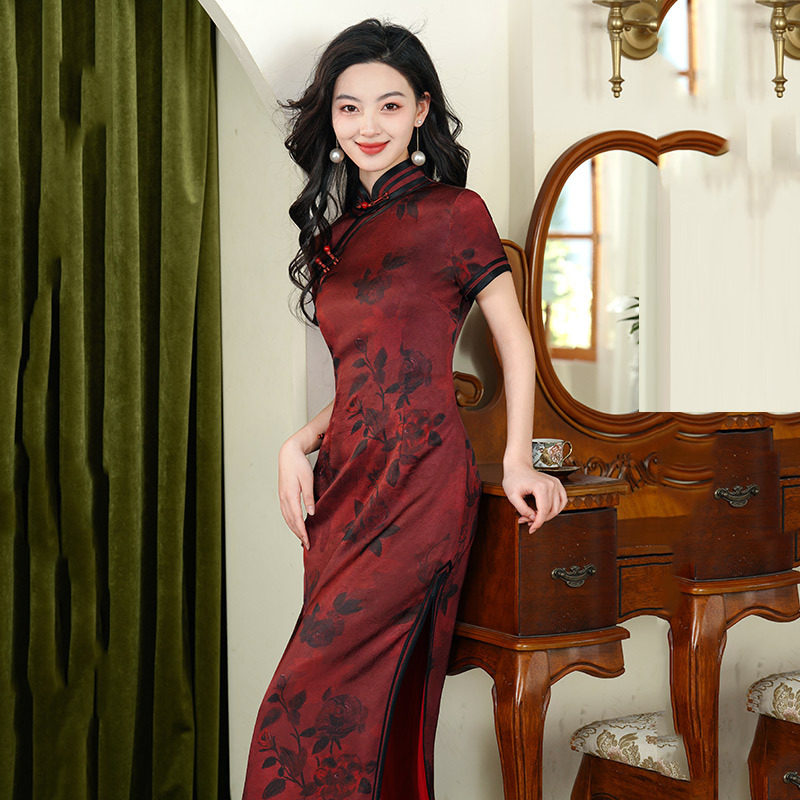 红色高端国风长款中式改良旗袍2025新款女老上海复古修身短袖夏季