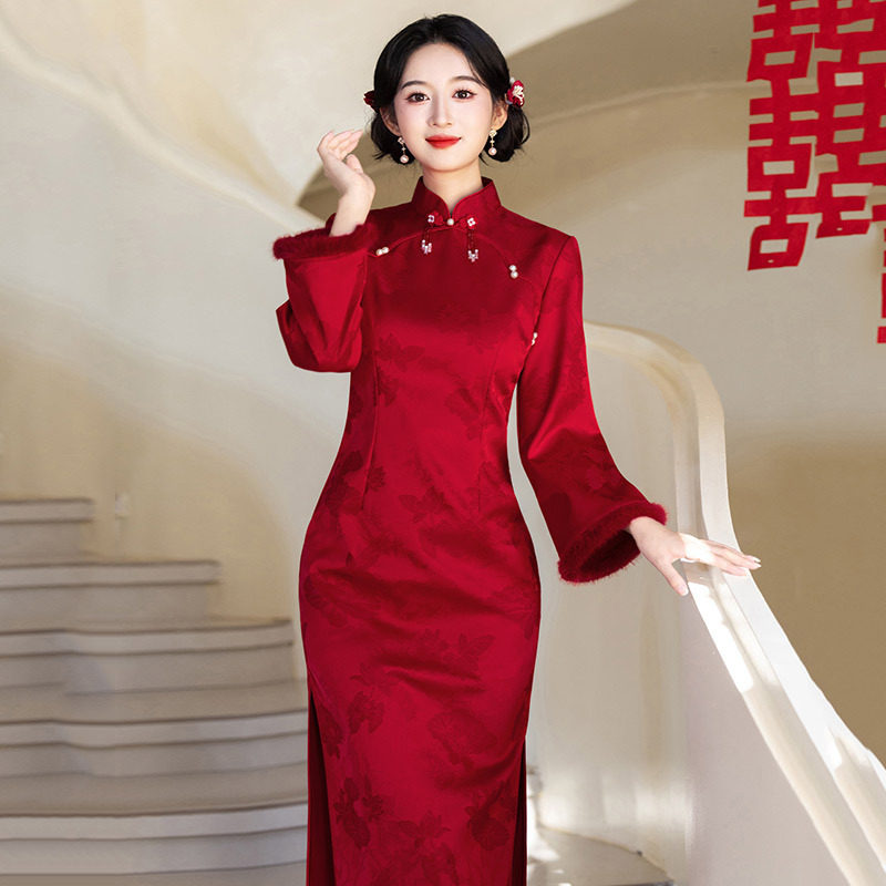 红色加绒加厚冬装国风中式长袖改良旗袍女复古新娘结婚敬酒服冬季