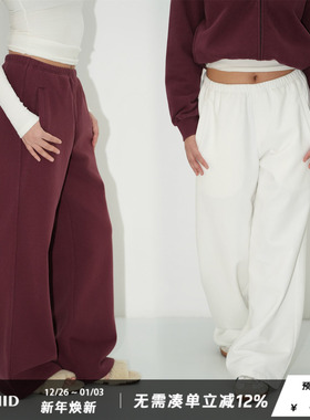 WellD 中腰门襟口袋宽松直筒磨毛卫裤阔腿裤宽腿显瘦显高休闲裤子