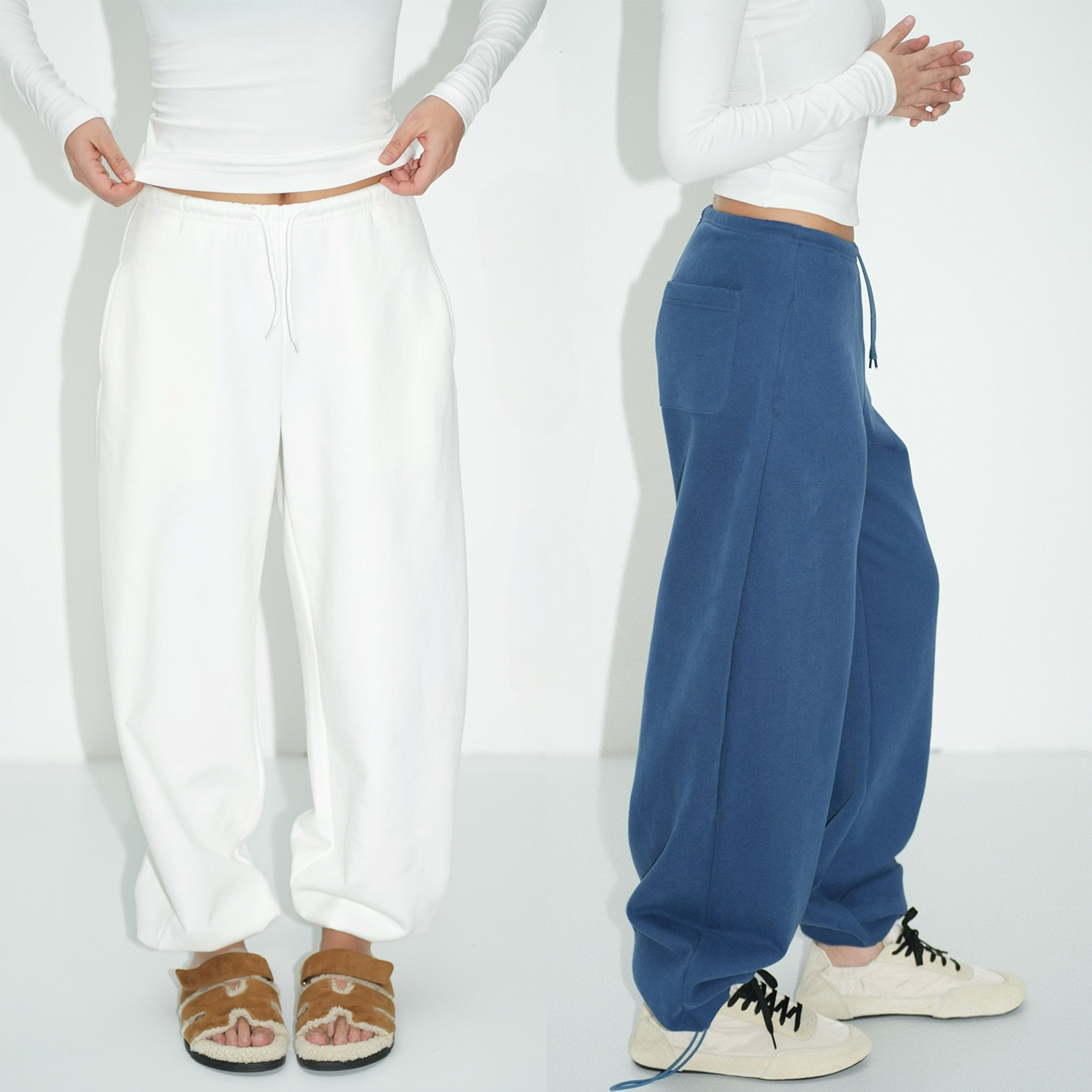 WellD 基本款  2ways穿法磨毛直筒抽绳卫裤女时尚休闲运动长裤子