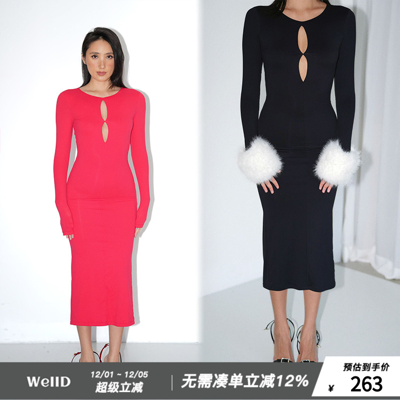 WellD魔术系列圣诞款 skim*s同款面料 镂空圆领长袖连衣裙