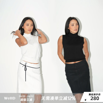 WellD 90s时髦时装款 真丝羊毛无袖小高领背心女经典高级百搭上衣