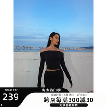 一字肩露背T恤弹力修身 WELLBOUTIQUE 上衣 欧美性感辣妹ins女长袖