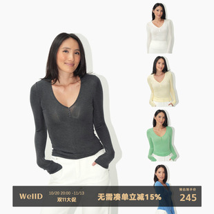 WellD 【羽毛系列】澳洲羊毛天丝超高弹V领纽扣紧身打底T恤女上衣