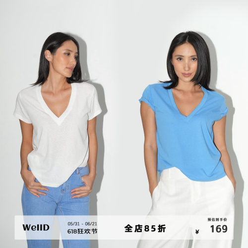 WellD 冰爽雪花棉无弹V领松弛感短袖T恤女夏新款时髦宽松休闲上衣