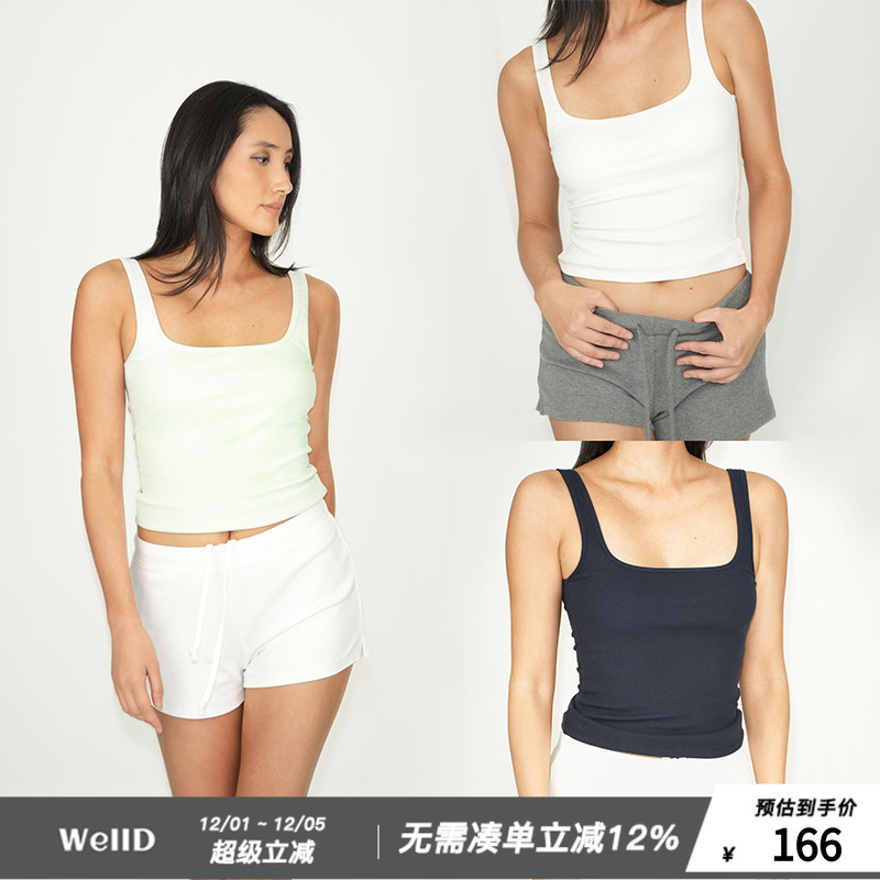 WellD  天丝棉凉感方领螺纹背心（含胸垫）可拆卸吊带上衣