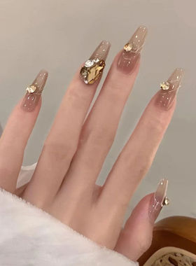 手工穿戴甲秋冬新款奶茶棕咖色爆闪气质中长款穿戴式梯美甲组合