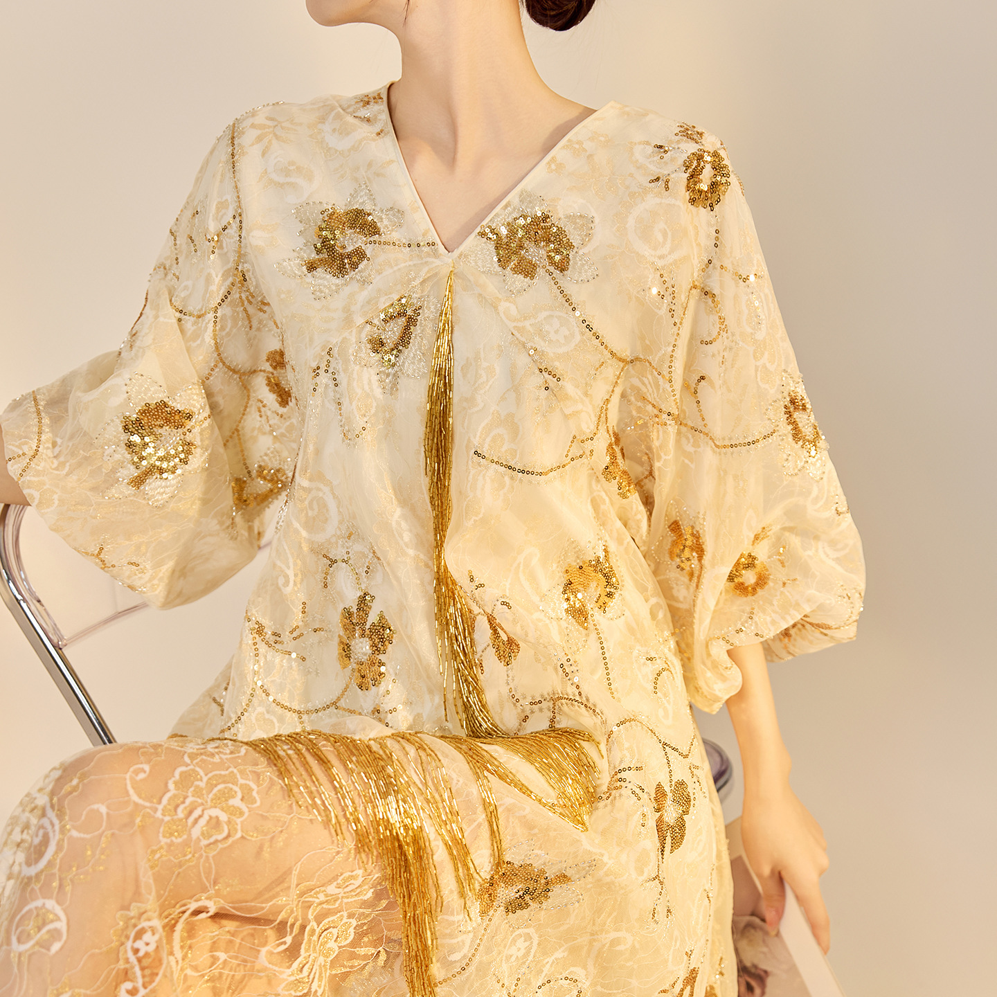 SZMLZD莉莉国风新款时尚刺绣宽松长裙夏季新中式蕾丝珠绣连衣裙女