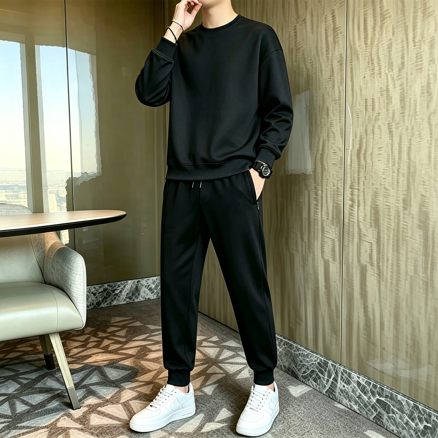 运动套装男士2026新款春秋纯棉休闲运动服冬季加绒长袖长裤两件套