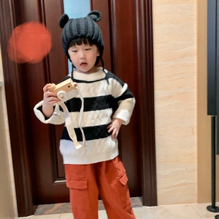 黑白条纹毛衣儿童装潮流风裤子工装休闲裤直筒裤男童痞帅风两件套