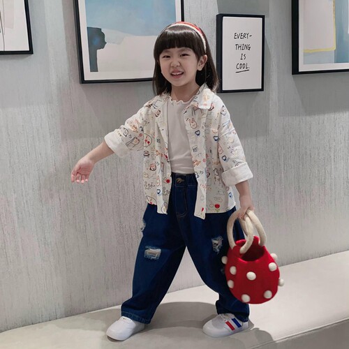 涂鸦风港式白衬衫防晒衣痞帅风时尚潮流风帅气风男女童装牛仔套装