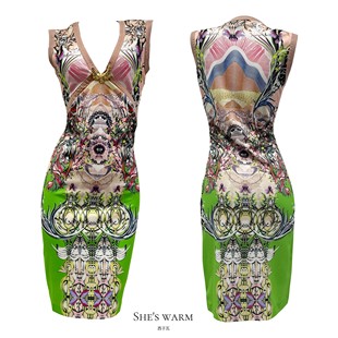 新中式迷幻艺术嬉皮摇滚cos早感昭和歌姬印花中长款V领连衣裙女