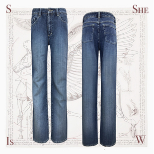 女 牛仔长裤 高品质简约巴恩风美式 复古洗水休闲牛仔蓝低腰直筒长款
