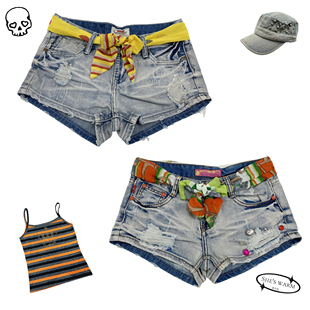 超辣QQ秀轻亚涩谷辣妹复古做旧纯腰带无弹超低腰牛仔超短裤 热裤