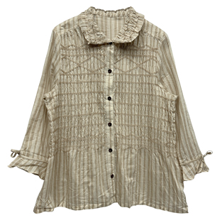 森系学院休文艺淑女褶皱棉麻条纹格子长袖 衬衣集合