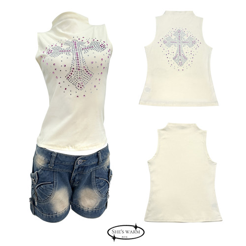 辣妹亚文化嬉皮千禧早古个性棉弹高领十字架骷髅烫钻无袖背心女