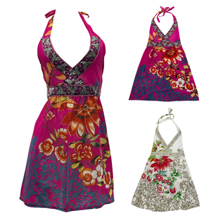 古早亚文化辣妹复古设计感艺术彩色印花民族风棉麻挂脖吊带