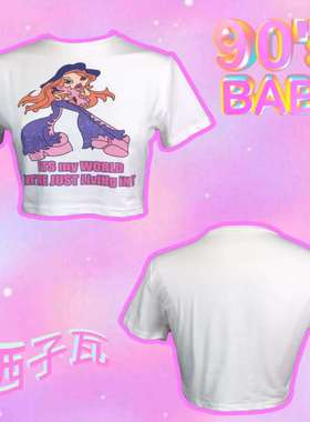 24夏欧美ins外贸单Y2K辣妹嬉皮朋克印花白色短款弹力T恤