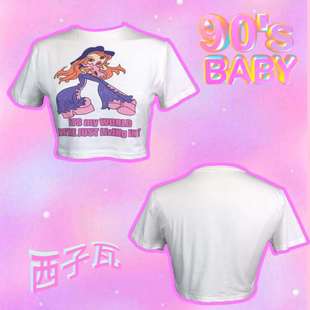 24夏欧美ins外贸单Y2K辣妹嬉皮朋克印花白色短款弹力T恤
