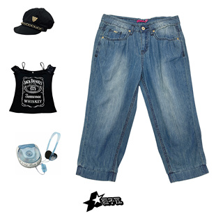 日杂风QQ秀亚亚非主流千禧日杂古早复古水洗低腰薄款 七分牛仔马裤