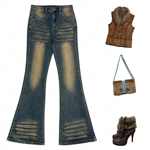 牛仔喇叭裤 千禧风古早辣妹亚亚美式 复古星星做旧水洗高腰显瘦修身