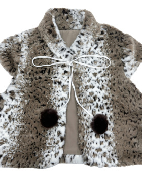 西子瓦古早感日杂风复古可豹纹球短袖环保皮草毛毛外披坎肩小马甲