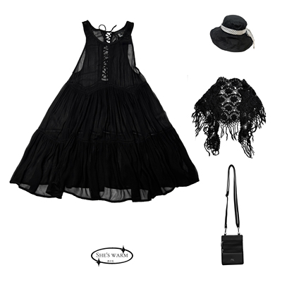 外贸品牌单夏暗黑复古辣妹雪纺无袖绑带半透视A字连衣裙小黑裙