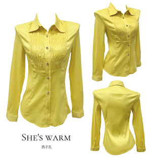 品牌单昭和复古宫廷优雅休闲柠檬黄光泽重工褶皱设计感长袖 衬衣女