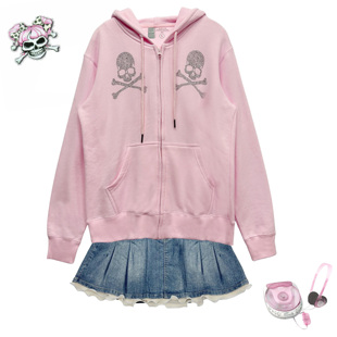 古早风亚亚粉色骷髅头烫钻针织棉拉链卫衣开衫 短外套