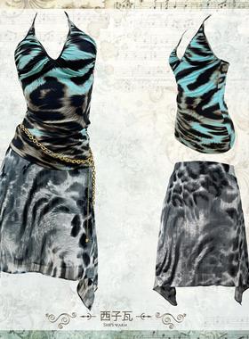 西子瓦千禧早古日杂嬉皮士复古薄款印花虎纹豹纹雪纺半身裙短裙