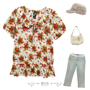 昕薇日杂古早千禧淑女田园森系荷叶边碎花短袖 女弹力系带百搭T恤