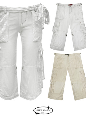 90s复古涩谷辣妹外贸纯棉机能刺绣低腰薄款工装白色七分裤女