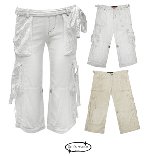 女 白色七分裤 90s复古涩谷辣妹外贸纯棉机能刺绣低腰薄款 工装