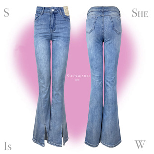 高品质秋休闲百搭水洗弹力薄柔软舒适紧身中腰开衩牛仔微喇裤 女